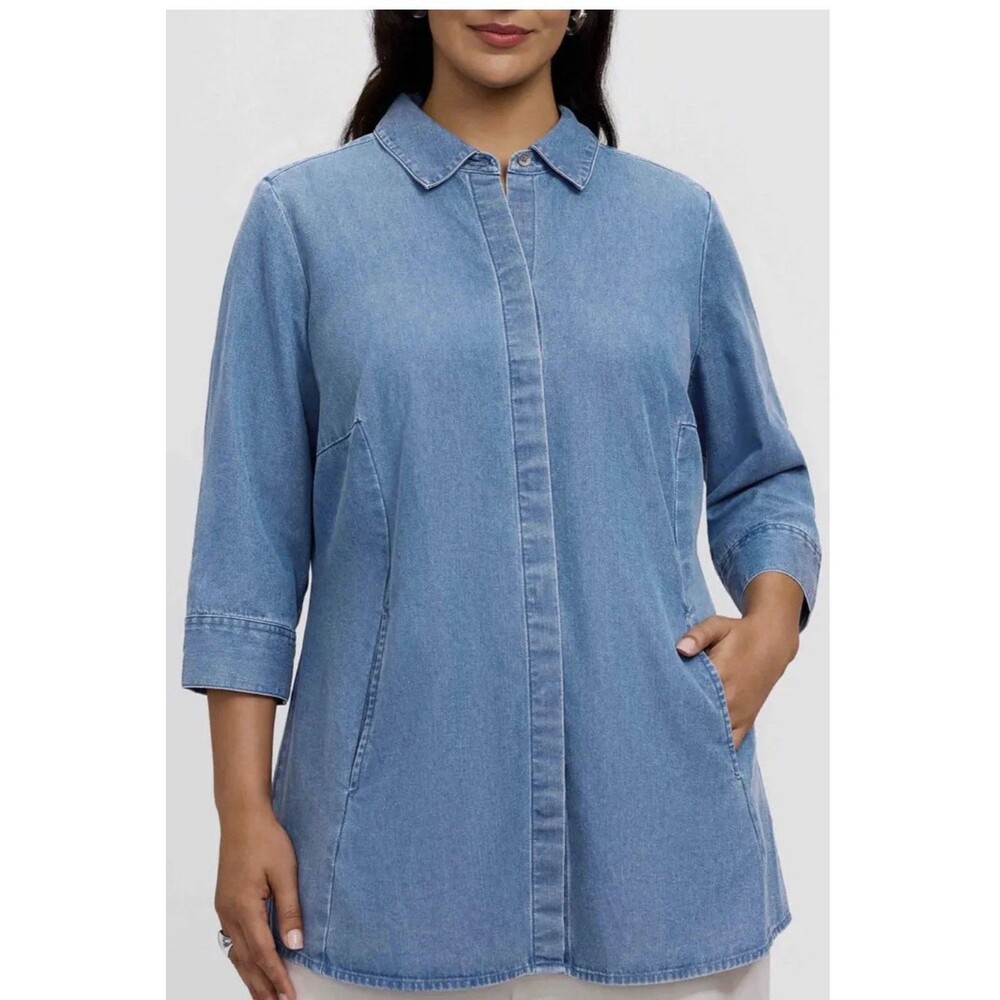 Foxcroft NYC Chambray Cici Tencel Tunic Pockets Shirt Denim Top Size 4 Small